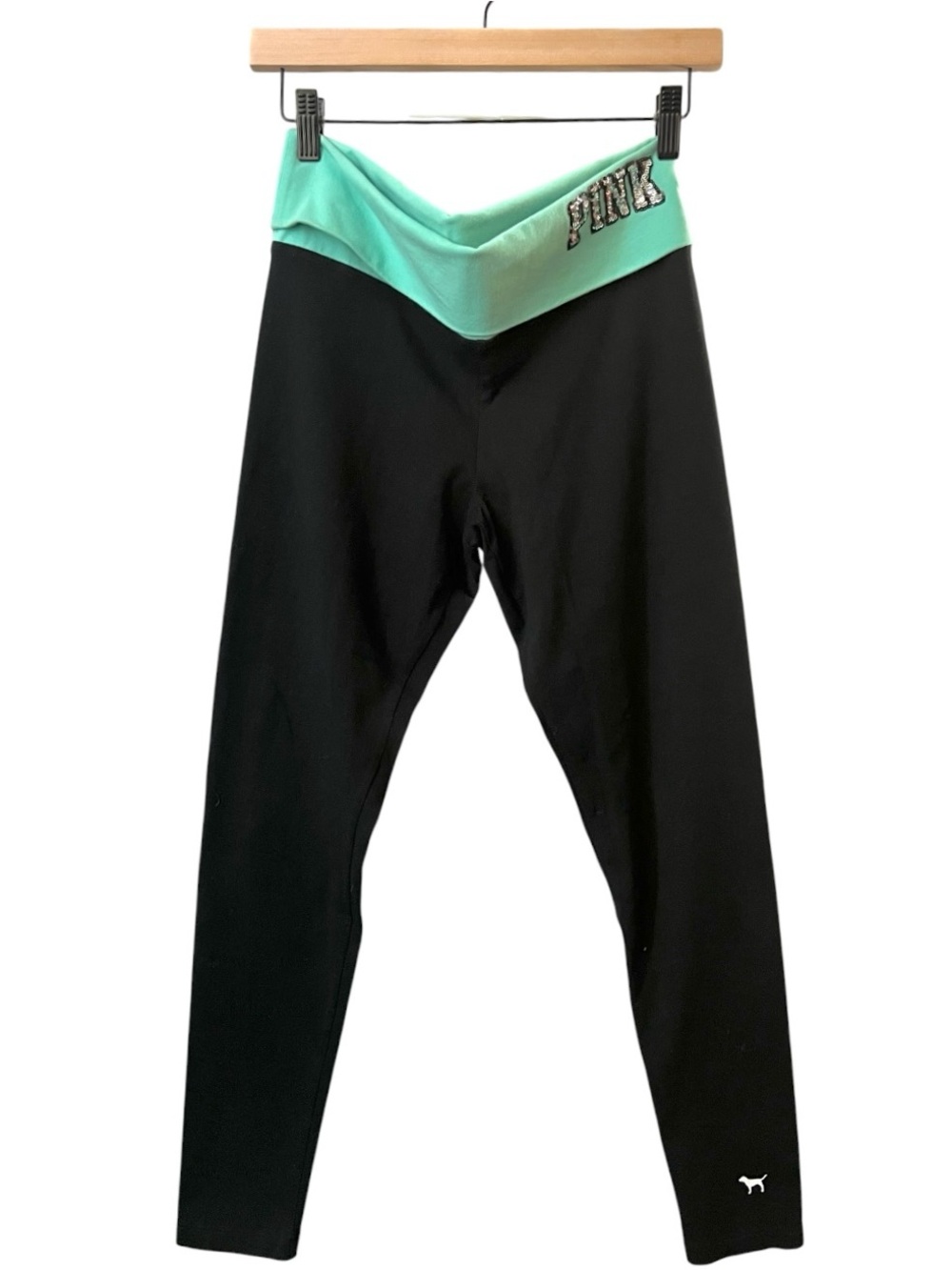 PINK Victoria's Secret Fold-Over Waistband Leggings Bling Logo Black